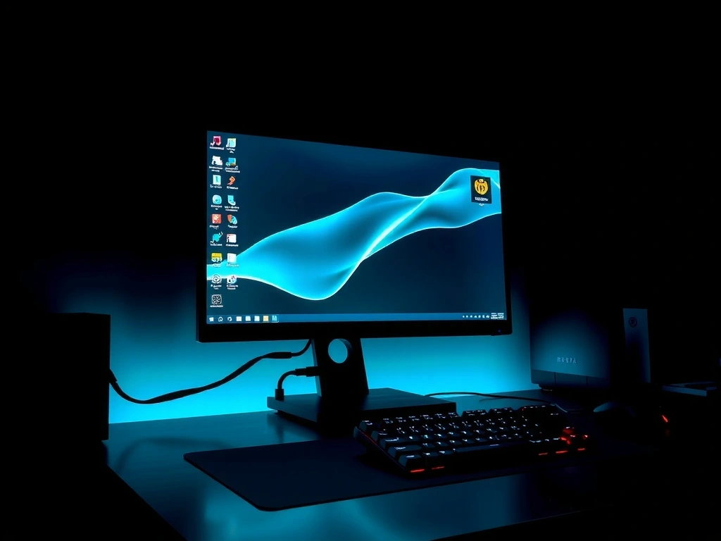 A clean, minimalist workspace with a single monitor showing a stylized interface